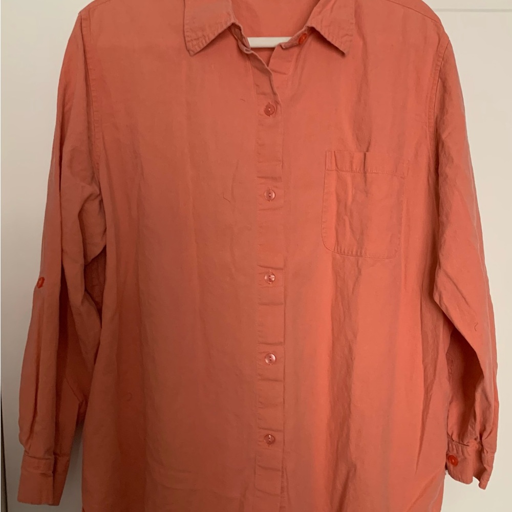 Peach Liz Baker Long Sleeve Button Down Blouse Cotton